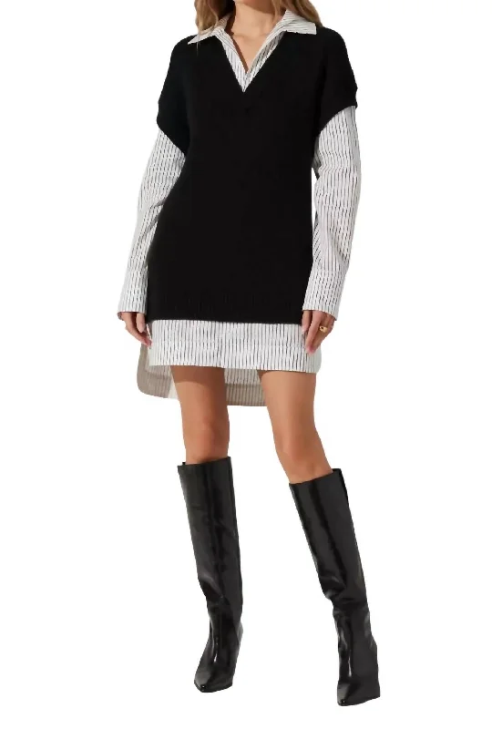 Ishilly Layered Sweater Dress In Black/white Casual Sweater Dress