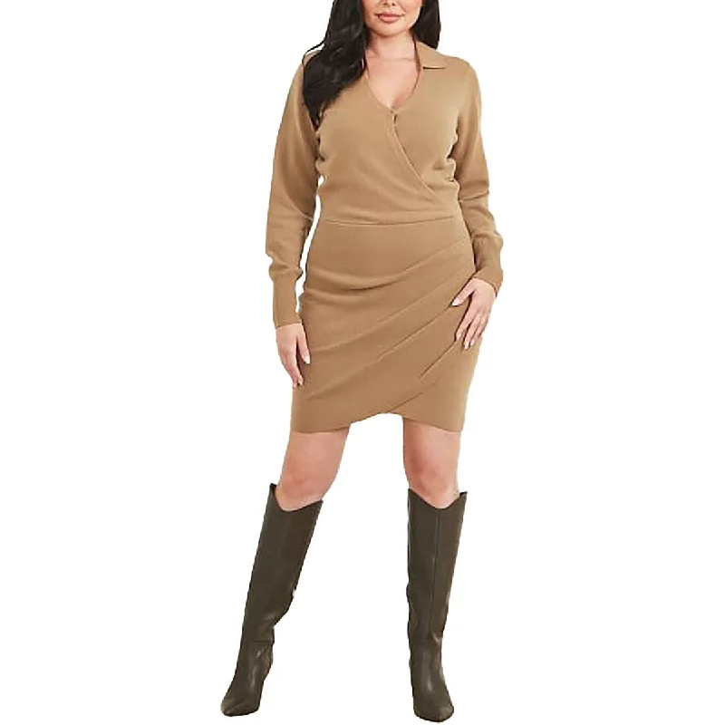 Womens Cashmere Faux Wrap Sweaterdress Knit Sleeve Dress