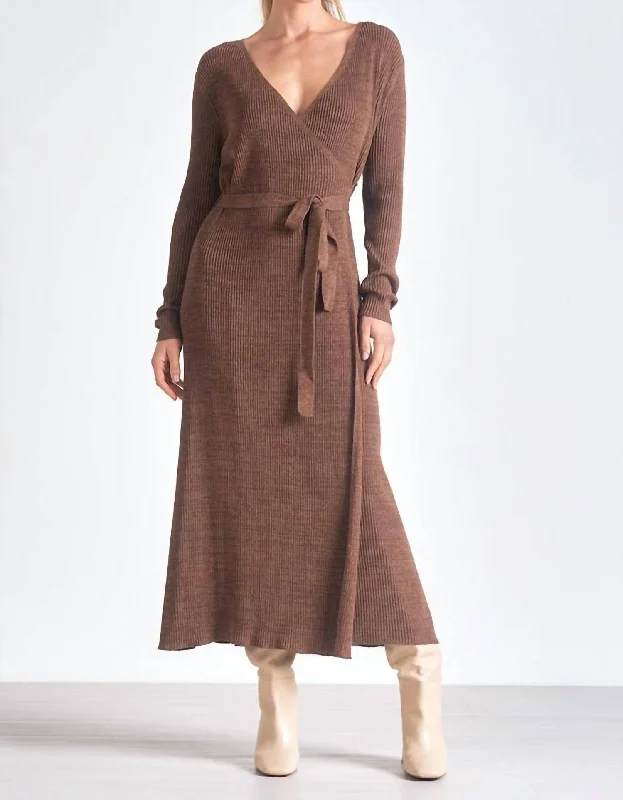 Wrap Sweater Dress In Brown Color Block Sweater