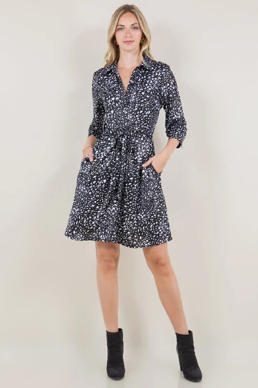 3/4 SLEEVE BUTTON UP TIE BELT SHIRT DRESS - D3526-A1427-1 High-Waisted Shirt Dress