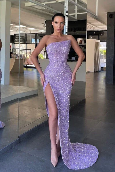 Asymmetrical Mermaid Sequins Long Prom Dress with High Slit, DP2210 Elegant Sequin Dress