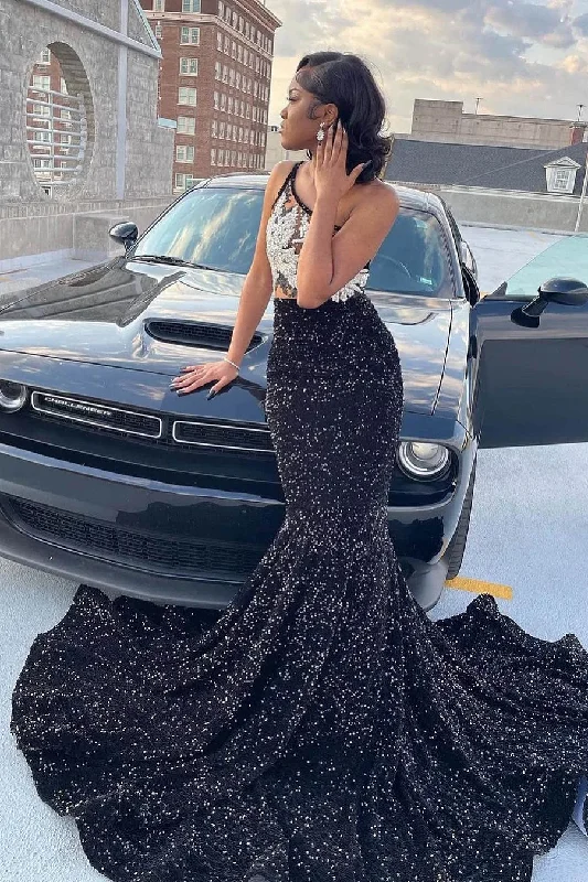 Black Girl One Shoulder Sleeveless Mermaid Prom Dress With Sequins Beadings, DP2651 Backless Sequin Dress