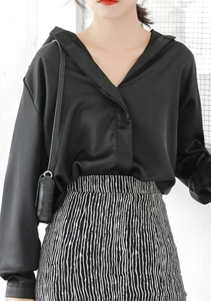 Black Satin Blouse Shirt Shirt Dress Look