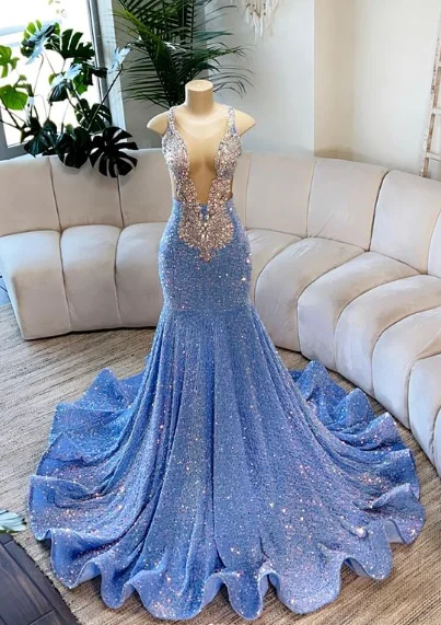 Blue Sequin Mermaid Beading Long Prom Dress, DP2098 Sequin Slip Dress