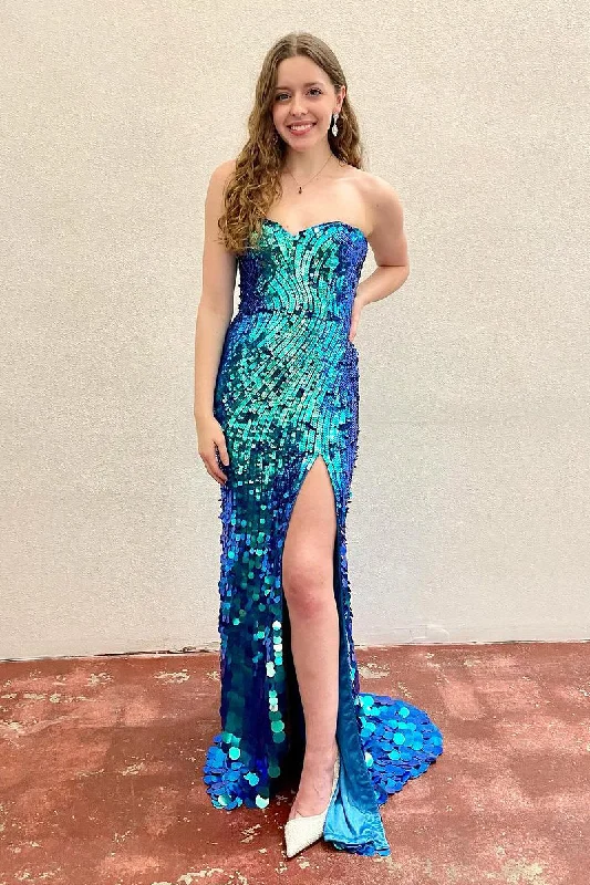 Blue Sweetheart Sequins Mermaid Long Prom Dress with Slit, DP2142 Pink Sequin Dress