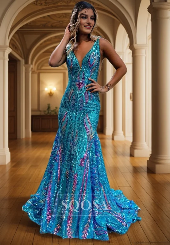 Attractive V-neck Sequins Appliques Mermaid Prom Dress QP0946 Sequin Dress Style