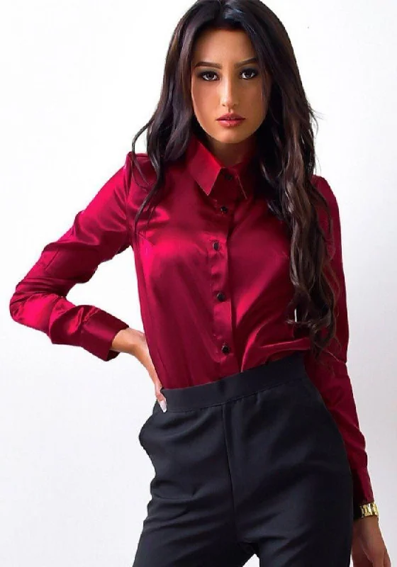 Burgundy Satin Shirt Elegant Shirt Dress