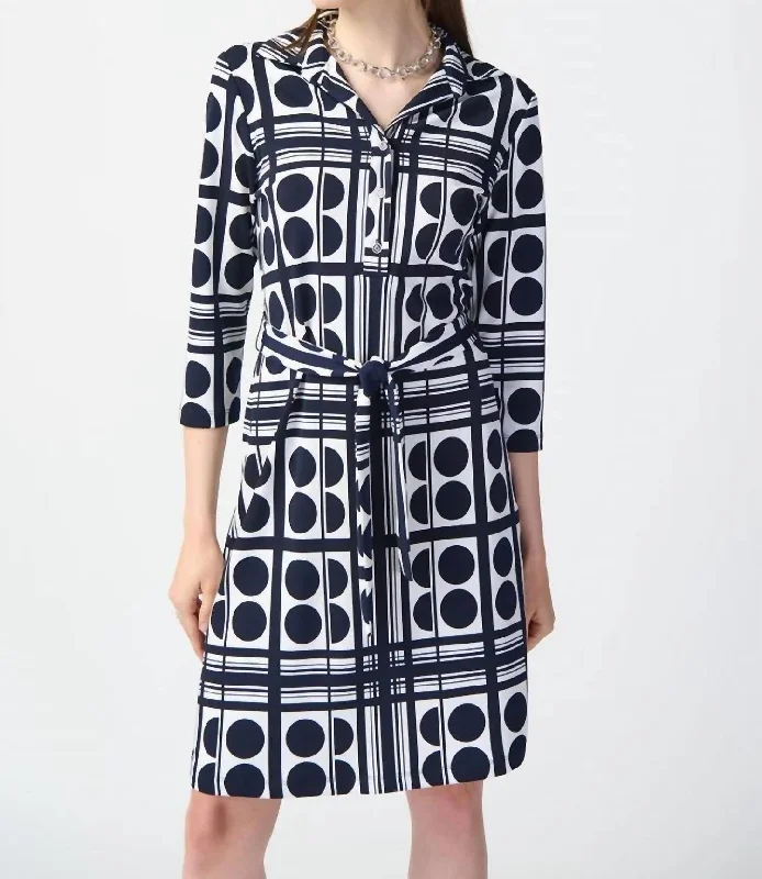 Dot Print Silky Knit Belted Shirt Dress In Vanilla/midblue Flared Shirt Dress