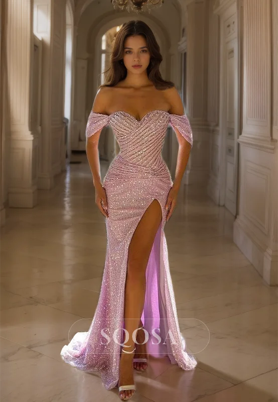 Off-Shoulder Sweetheart Sleeveless High Split Pleated Sequins Prom Dress with Sweep Train Glam Sequin Dress