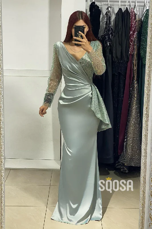 Sheath Sexy V-Neck Long Sleeves Sequins Long Formal Evening Gowns QP2992 Sequin Shift Dress