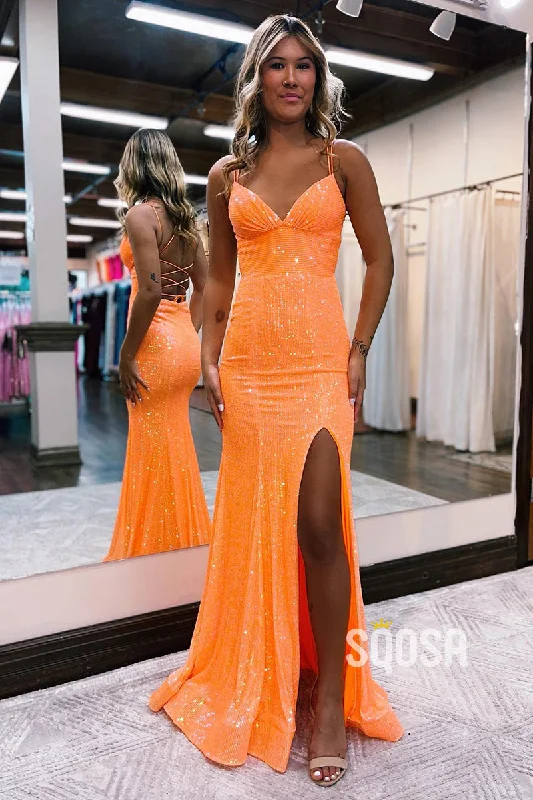 Spaghetti Straps V-Neck Sequins Sparkly Prom Dress QP3013 Sequin Dress Shine