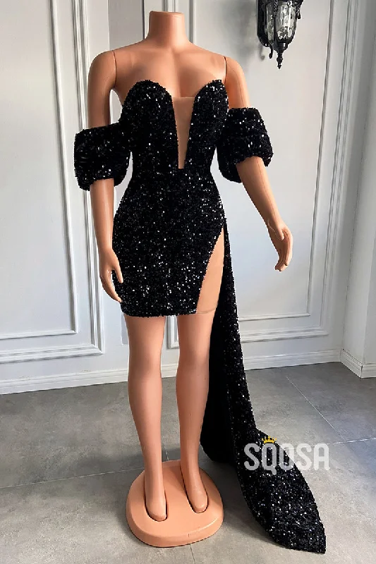 Attractive V-Neck Short Sleeves Sequins Sparkly Prom Dress for Black Girls Slay QP3103 Colorful Sequin Dress