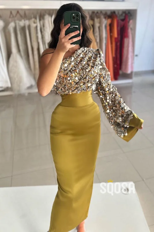 Sequins One Shoulder Green Long Sleeves Prom Dress Evening Gowns QP3194 Sexy Sequined Dress