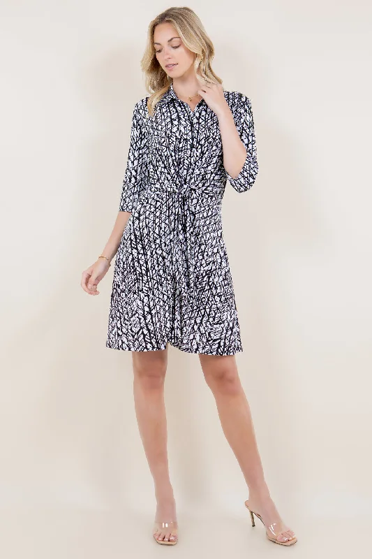 ELBOW SLEEVE COLLARED SHIRT DRESS WITH FRONT TWIST TIE - D3354-1381-PFITY Trendy Shirt Dress