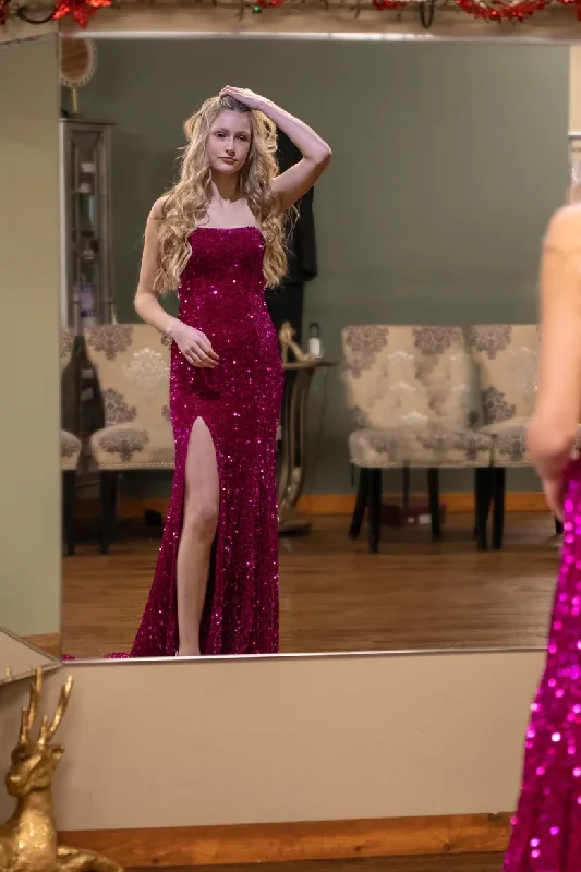 Fuchsia Strapless Sequin Mermaid Long Prom Dress with Slit, DP2015 Shimmer Sequin Dress