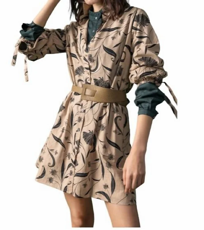 Full Sleeve Button Front Shirt Dress In Stucco Print Soft Cotton Shirt