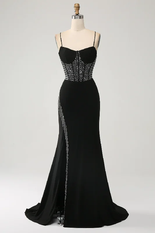 Gorgeous Black Spaghetti Straps Sequin Mermaid Long Prom Dress with Slit,DP1868 Sequin Dress Sparkle