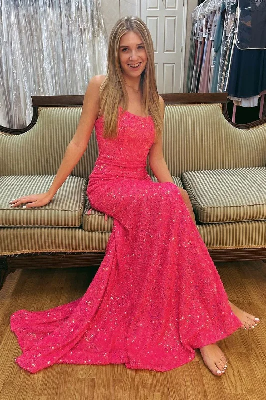 Hot Pink Scoop Neck Mermaid Sequins Long Prom Dress, DP2617 Sequin Maxi Dress