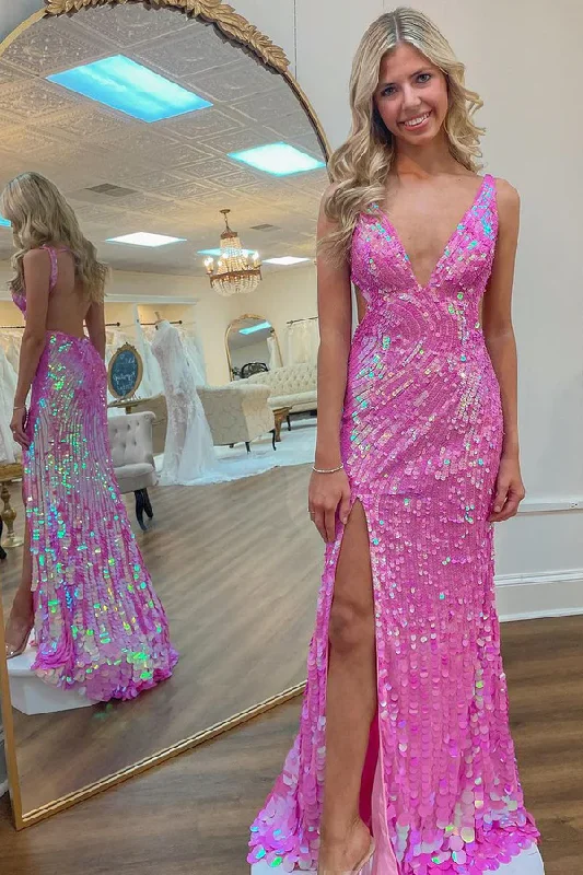 Hot Pink V Neck Backless Sequin Long Prom Dress with Slit, DP2063 Sequin Dress Sleeveless