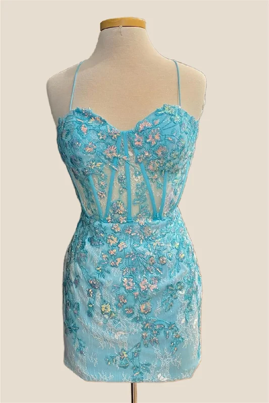 Light Blue Sheer Bodice Short Dress with Sequin Sequin Party Dress