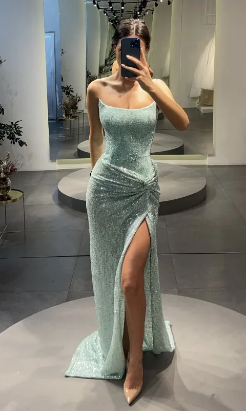 Light Blue Strapless Sequins Mermaid Long Prom Dress with Slit, DP2487 Long Sleeve Sequin