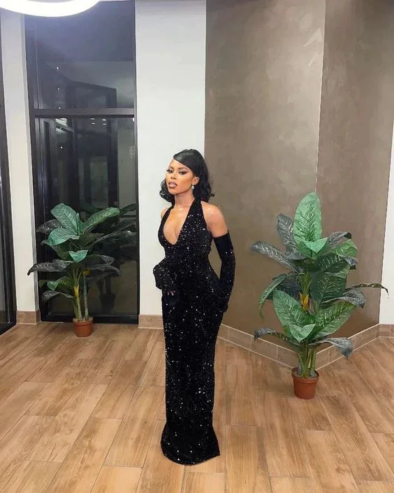 Mermaid Sequin Black Floor Length Black Girl Prom Dresses, DP2369 Sequin Cocktail Gown