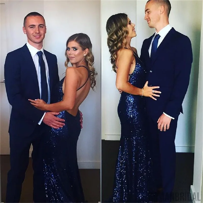 Navy Blue V Neck Mermaid Sequins Sexy Long Evening Dress, DP2614 Sleek Sequin Dress