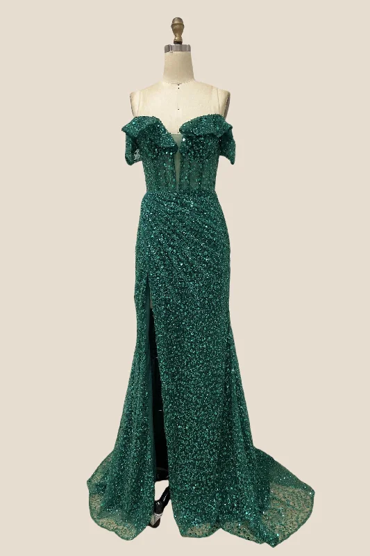 Off the Shoulder Emerald Sequin Long Dress Off-shoulder Sequin