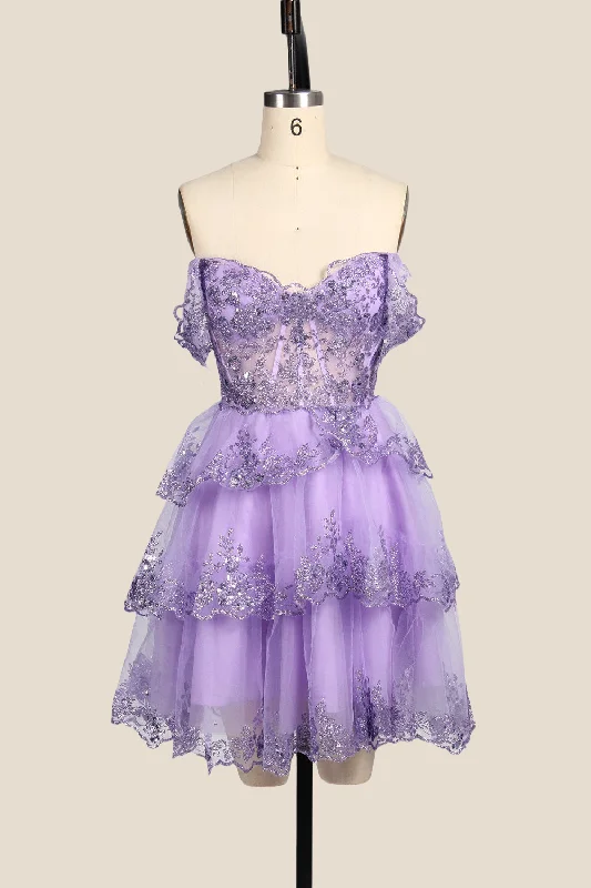 Off the Shoulder Lavender Sequin Tiered Short Dress Sequin Gown Party