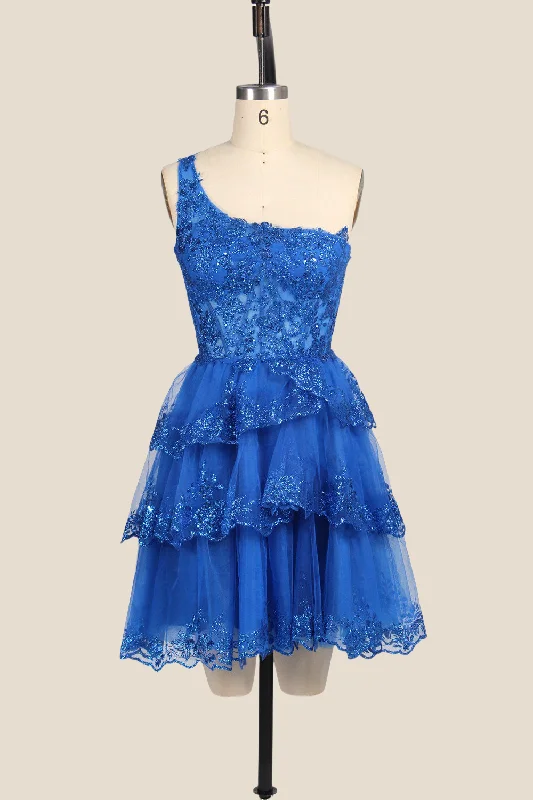 One Shoulder Royal Blue Sequin Tiered Short Dress Sequin Shift Gown