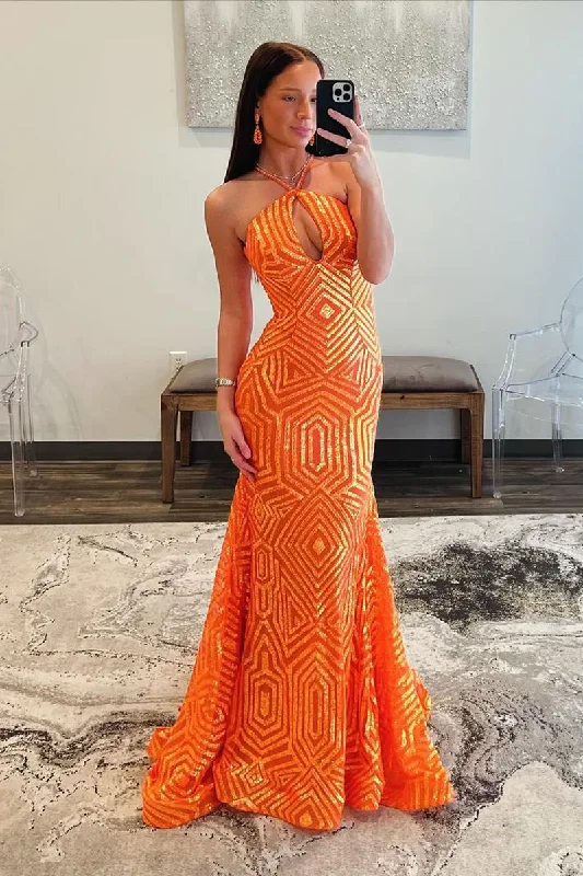 Orange Halter Keyhole Sequins Mermaid Long Prom Dress, DP2140 Elegant Sequin Gown