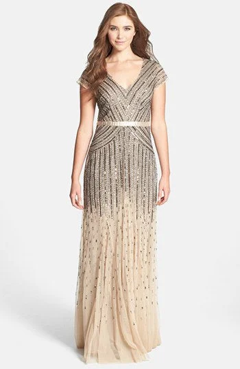 Other Adrianna Papell Cap-Sleeve Sequined Gown Nude Sequin Dress Trendy