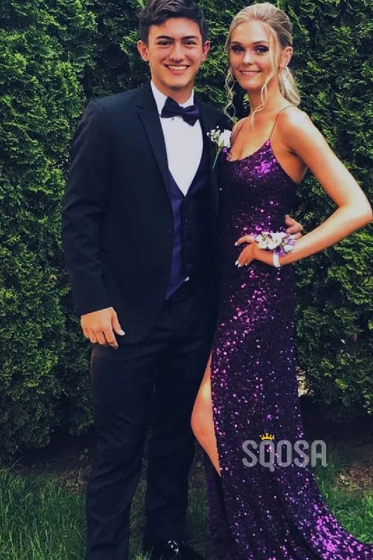 Purple Sequins Spaghetti Straps Scoop Sheath/Column Prom Dress with Slit QP1315 Elegant Glitter Sequin