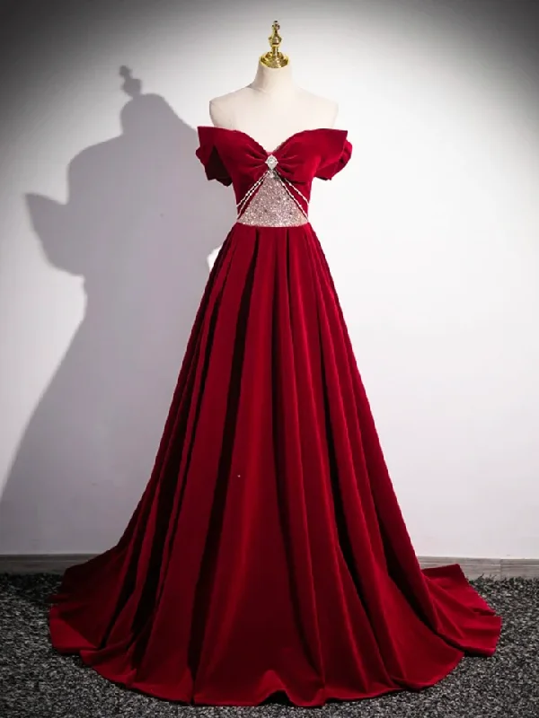 Red Velvet Sequins Long Prom Dress Elegant Off the Shoulder A-Line Formal Dress, DP2471 V-neck Sequin Dress