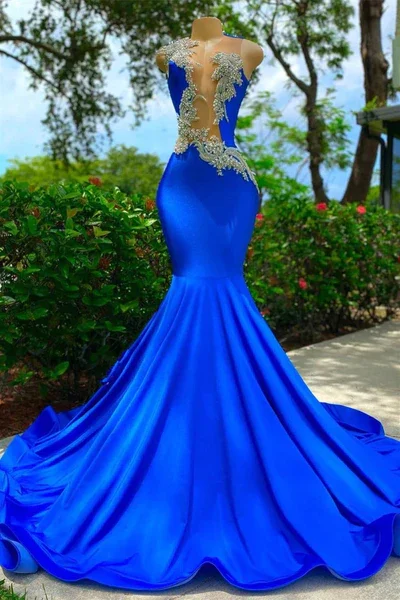 Royal Blue Long Mermaid Appliques Sequined Black Girl Prom Dress, DP2307 Stylish Sequin Dress