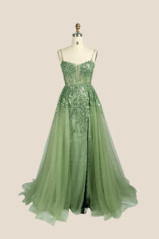 Sage Green Sequin A-line Long Dress with Slit Glitter Sequin Dress