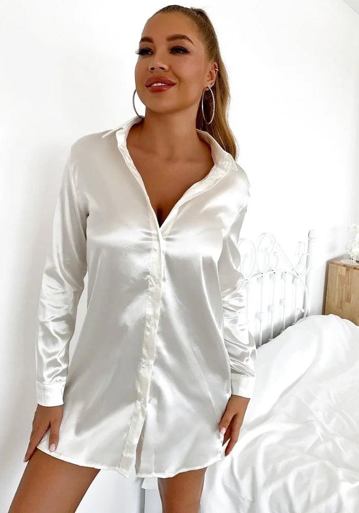 Satin White Dress Shirt Short Shirt Dress