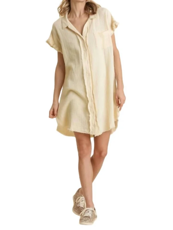 Short Sleeve Gauze Shirt Dress In Cream Elegant Shirt Gown