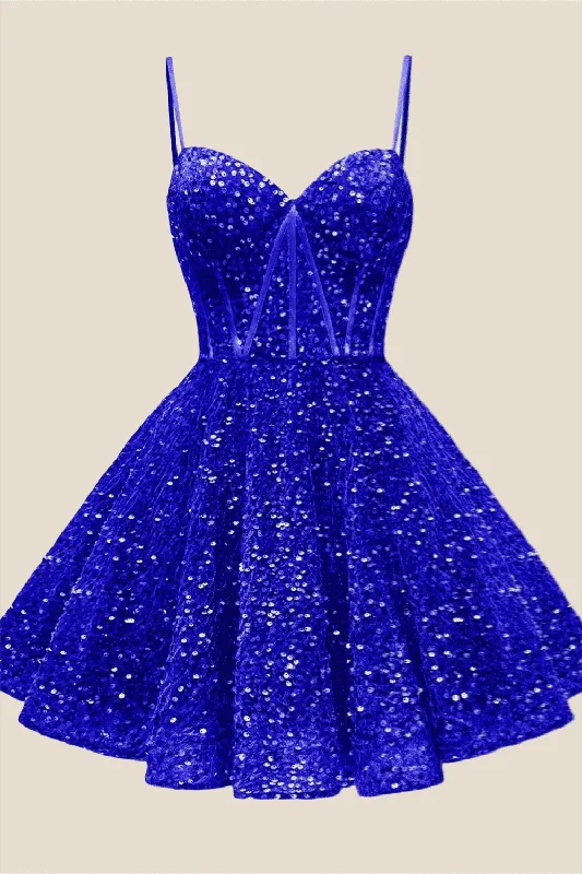 Spaghetti Straps Royal Blue Sequin Short Dress Sequin Gown Chic