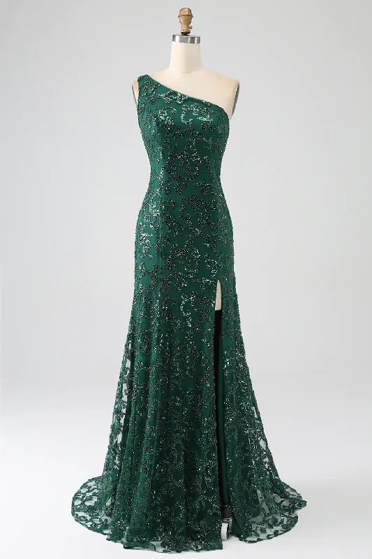 Sparkly Dark Green One Shoulder Sequin Mermaid Long Prom Dress with Slit,DP1869 Floor-length Sequin Dress