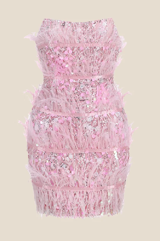 Strapless Pink Sequin Short Dress with Feather Sequin Dress Chic