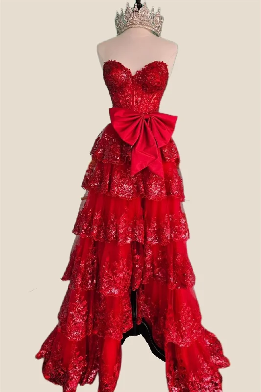 Strapless Red Sequin Tiered Long Dress with Slit Sequin Evening Dress