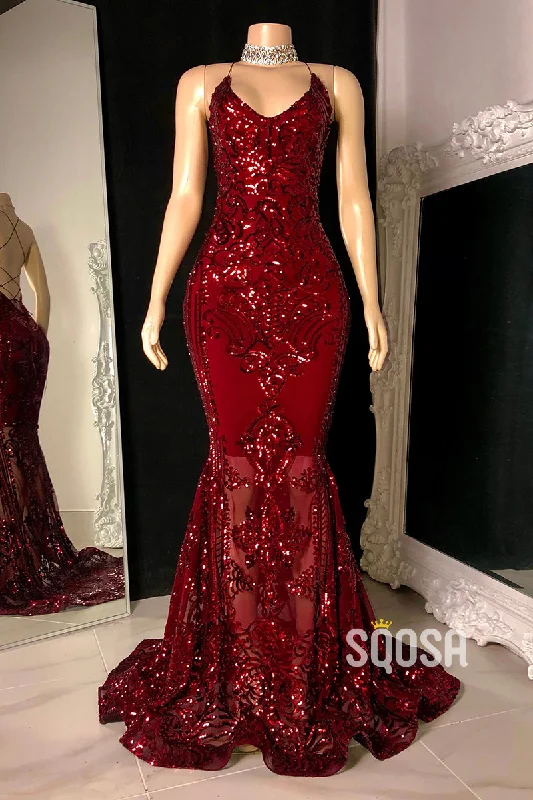 Spaghetti Straps Sequins Appliques Burgundy Mermaid Prom Dress Black Girl Slay QP0891 Sequin Lace Dress