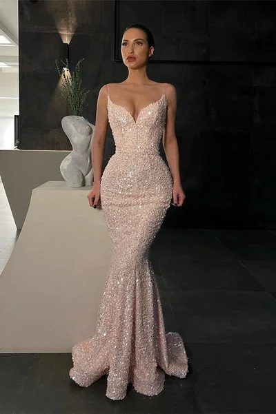 Stunning Long Mermaid Spaghetti Straps Sequins Prom Dress, DP2216 Sequin Dress Vibe