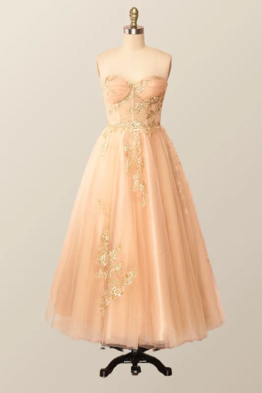 Sweetheart Champagne Tulle Tea Length Dress with Gold Sequins Sequin Dress Night