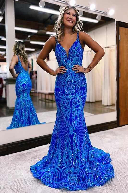 Plunging V-Neck Sequins Appliques Mermaid Prom Dress Long QP0913 Chic Sequin Dress