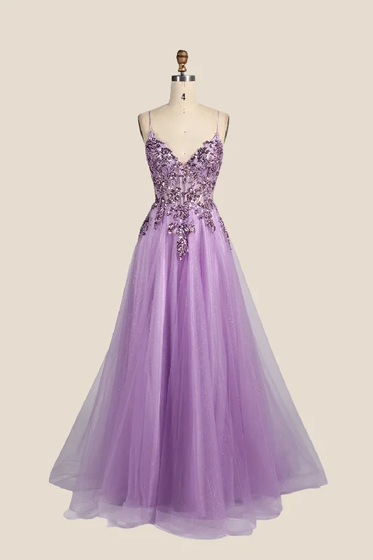 V-neck Lilac Sequin A-line Long Tulle Dress Glamorous Sequin Dress