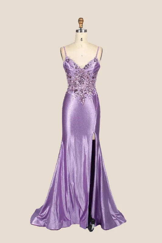 V-neck Purple Sequin Mermaid Long Dress with Slit Bright Sequin Dress