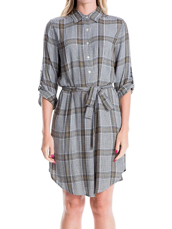 Womens Houndstooth Above Knee Shirtdress Modern Shirt Dress