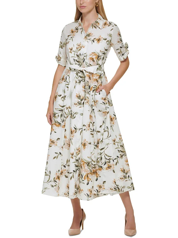 Womens Printed Ankle-Length Shirtdress Button Detail Shirt